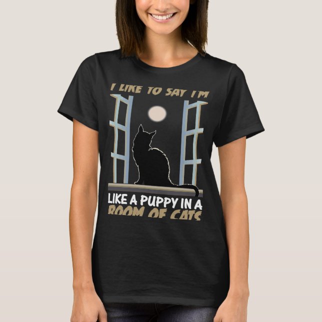 cat  kittens hangover puppy in a room of cats T-Shirt (Front)