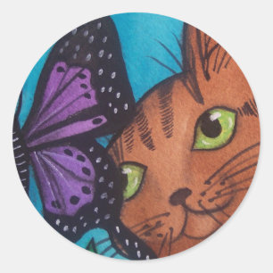 Cat Kitty and Butterfly Classic Round Sticker