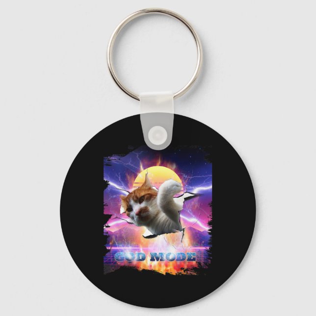 Cat Kitty Cracked Wall Gaming Gamer God Mode Funny Key Ring (Front)