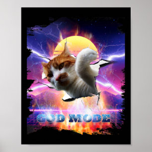 Cat Kitty Cracked Wall Gaming Gamer God Mode Funny Poster