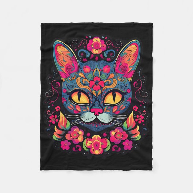 Cat Kitty Kitten Paws Sugar Skull Calavera Hallowe Fleece Blanket (Front)