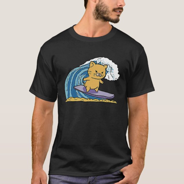 Cat Kitty Kitten Surfing on a Wave at Beach T-Shirt (Front)
