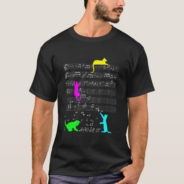 Cat Kitty Music Notes Colorful Musician Clef T-Shirt (Front)