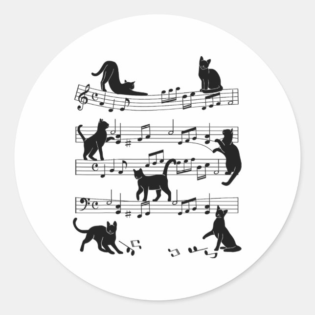 Cat Kitty Playing Music Clef Piano Musician Art  Classic Round Sticker (Front)