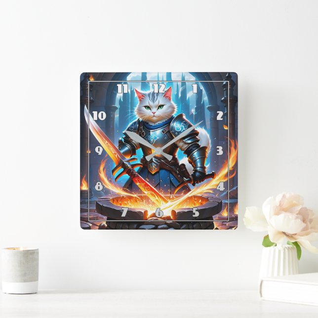 Cat Knight Forging Sword in Magical Forge Square Wall Clock (Home)