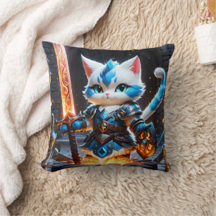 Cat Knight in Armour Wielding a Flaming Sword Cushion