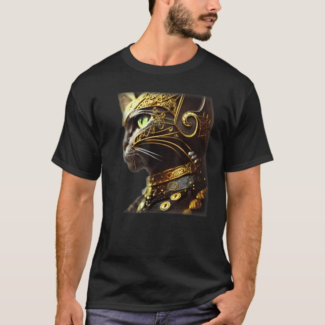 Cat Knight Wearing Gold Filigree Armor Black T-Shirt (Front)