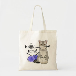 Cat Knitting bag cotton tote with handles blue