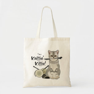 Cat Knitting bag cotton tote with handles taupe