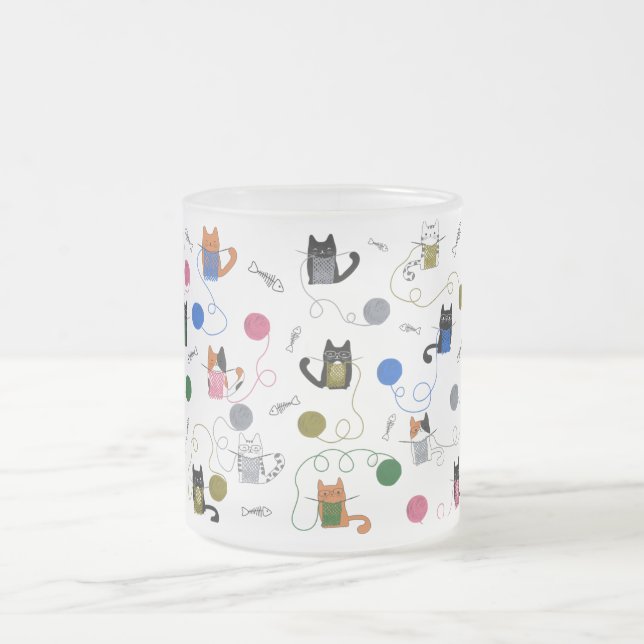 Cat Knitting Gift, Cat With Yarn, Cat Mum Gift Frosted Glass Coffee Mug (Center)