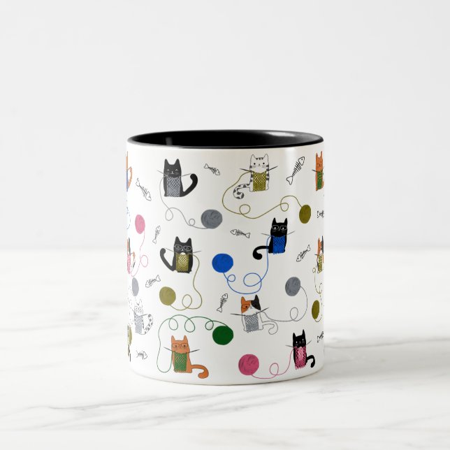 Cat Knitting Gift, Cat With Yarn, Cat Mum Gift Two-Tone Coffee Mug (Center)