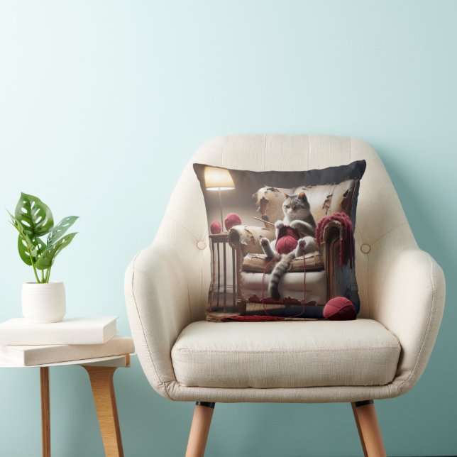 Cat Knitting In Old Chair Cushion (Chair)
