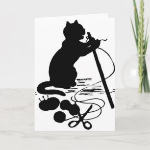 Cat Knitting Silhouette Black/White Greeting Card