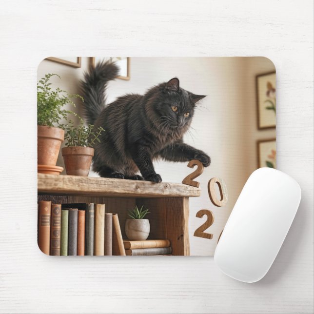 Cat Knocking Off 2026 Year from Bookcase Mouse Mat (With Mouse)
