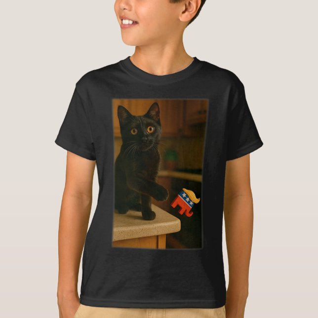 Cat Knocking Trump Off Counter Table Ledge Funny  T-Shirt (Front)