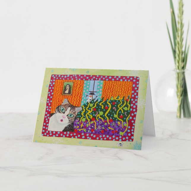 Cat Knocks Over Christmas Tree Folk Art Card (Front)
