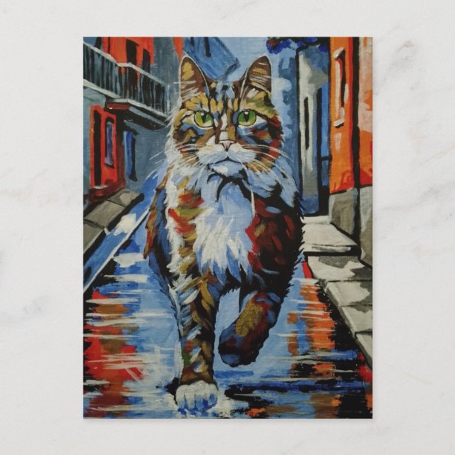 cat, kotofey, street, city, animal holiday postcard (Front)