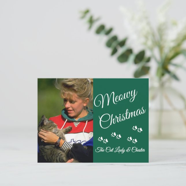 Cat Lady Christmas Photo Holiday Paw Prints Green Postcard (Standing Front)