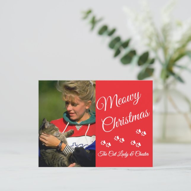 Cat Lady Christmas Photo Holiday Paw Prints Red Postcard (Standing Front)