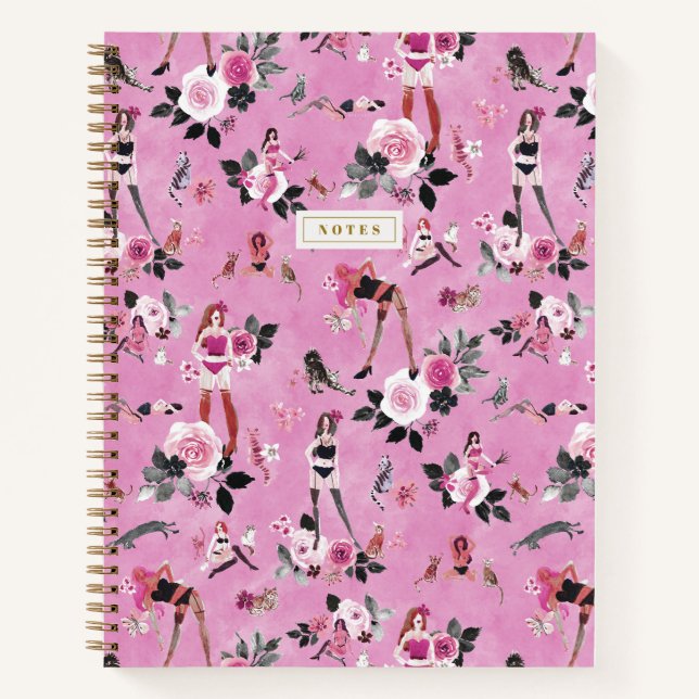 CAT LADY FLORAL Hot Pink Notebook (Front)