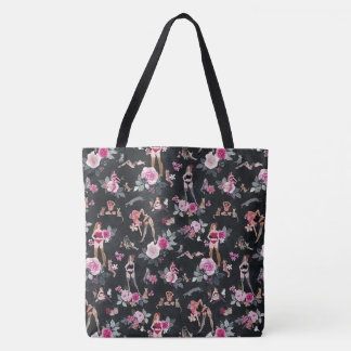 CAT LADY FLORAL Hot Pink Tote Bag