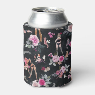 CAT LADY FLORAL Sultry Black Can Cooler