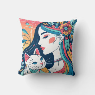 Cat Lady Graphic Illustration Cushion