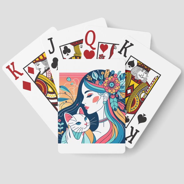Cat Lady Graphic Illustration Playing Cards (Back)