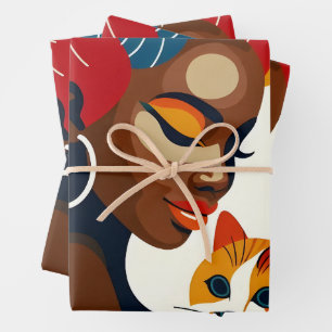 Cat Lady Graphic Illustration Wrapping Paper Sheet