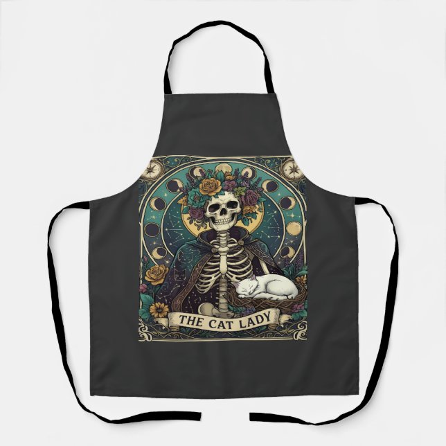 Cat Lady Haloween Skeleton Floral Moon Compass Apron (Front)