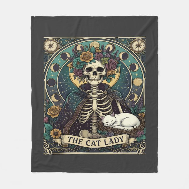 Cat Lady Haloween Skeleton Floral Moon Compass Fleece Blanket (Front)
