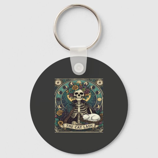 Cat Lady Haloween Skeleton Floral Moon Compass Key Ring (Front)