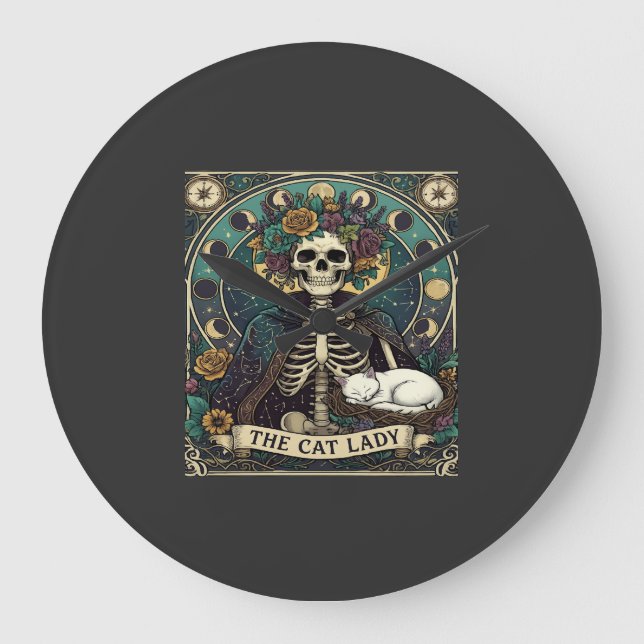 Cat Lady Haloween Skeleton Floral Moon Compass Large Clock (Front)