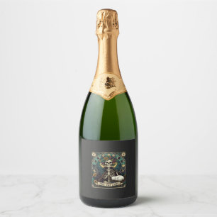 Cat Lady Haloween Skeleton Floral Moon Compass Sparkling Wine Label