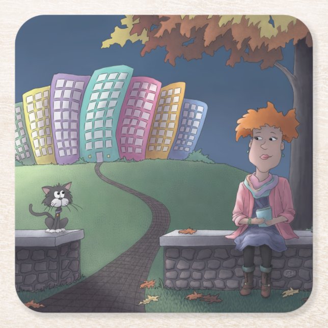 Cat Lady in the park Square Paper Coaster (Front)