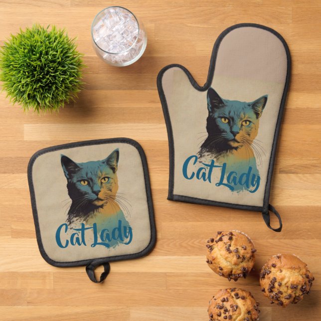 Cat Lady Oven Mitt & Pot Holder Set (Top Down)