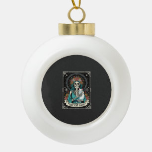 Cat Lady Skeleton Tarot Floral Gothic Ceramic Ball Christmas Ornament