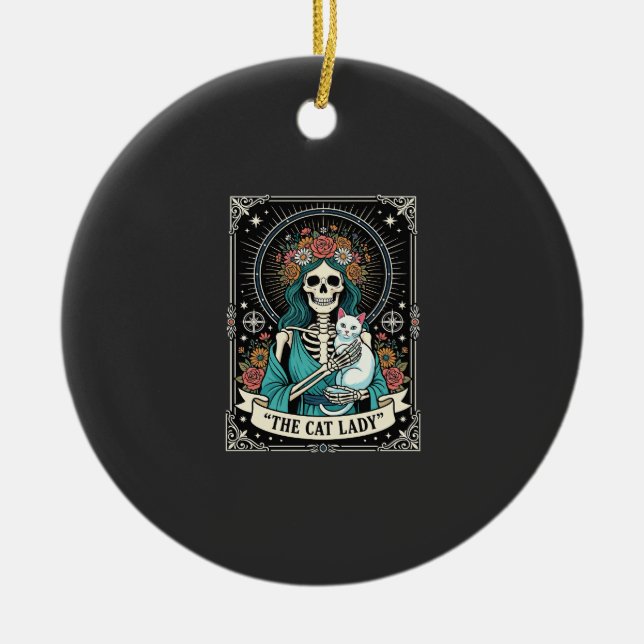 Cat Lady Skeleton Tarot Floral Gothic Ceramic Tree Decoration (Front)
