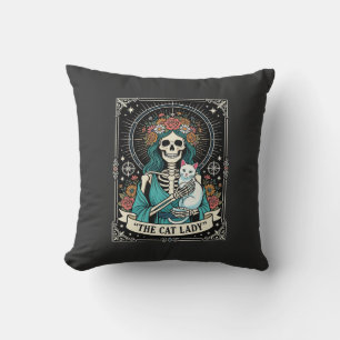 Cat Lady Skeleton Tarot Floral Gothic Cushion