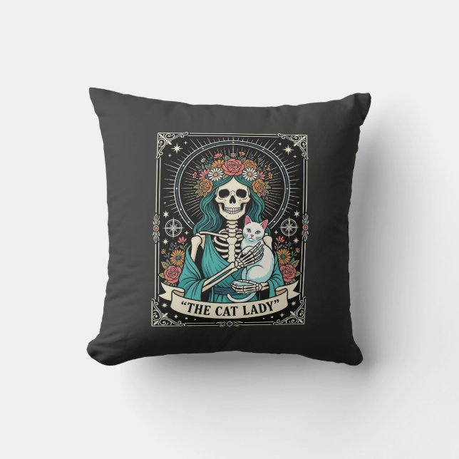 Cat Lady Skeleton Tarot Floral Gothic Cushion (Front)
