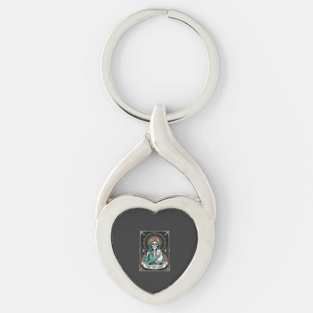 Cat Lady Skeleton Tarot Floral Gothic Key Ring (Front)