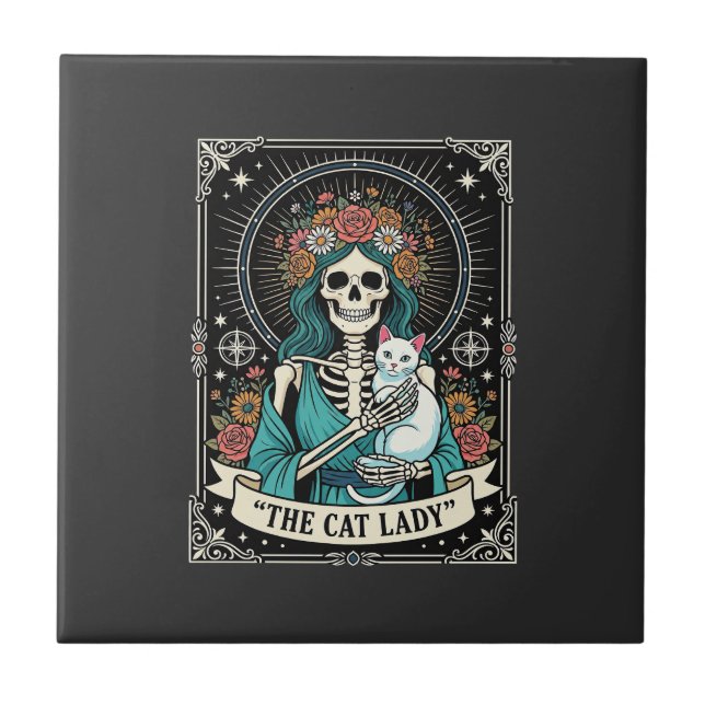 Cat Lady Skeleton Tarot Floral Gothic Tile (Front)