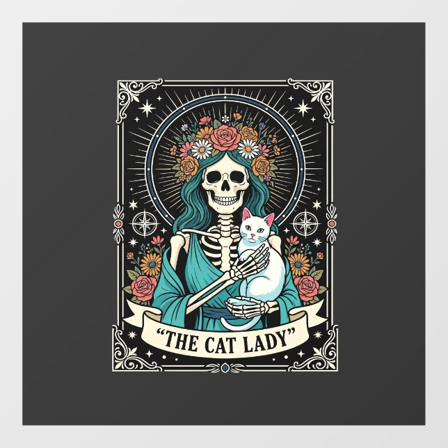 Cat Lady Skeleton Tarot Floral Gothic Window Cling (Sheet)