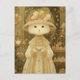 Cat Lady Snow – Victorian Cat with Teacup Postcard