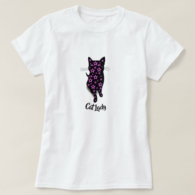 Cat Lady Typography with Pink Stars and Black Cat T-Shirt (Design Front)