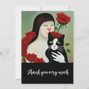 Cat Lady with black and white cat and roses   Thank You Card