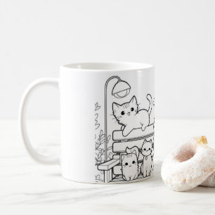 Cat lady with her cats on a bench coffee mug
