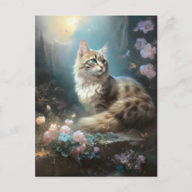 Cat Landscape Flowers Fantasy Art Postcard (Front)