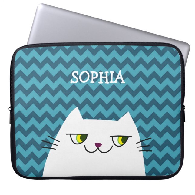 Cat Laptop Sleeve Monogram Blue Chevron Cute (Front)