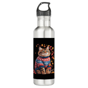 Cat Leaf Fall Hello Autumn Funny Cat Kitten Lover 710 Ml Water Bottle